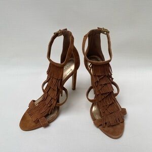 BCBG Brown Suede Fringe High Heel Sling back Shoes Western Country Flare SZ 6‎